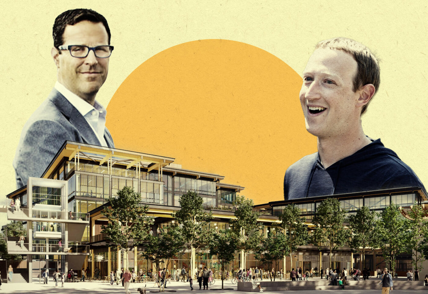 Meta's Mark Zuckerberg; Signature Development Group's Michael Ghielmetta; rendering of Willow Village offices overlooking Town Square (Peninsula Innovation Partners, Getty)