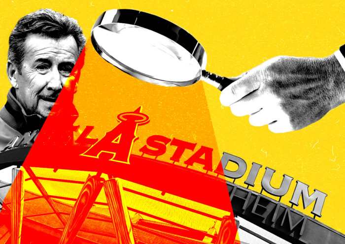 A photo illustration of Arte Moreno and a rendering of the nixed Angels Stadium development (Getty)