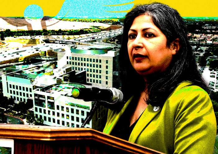 A photo illustration of Mayor of Irvine Farrah Khan along with a rendering of the planned Kaiser Permanente facility in Irvine (Getty, Kaiser Permanente)