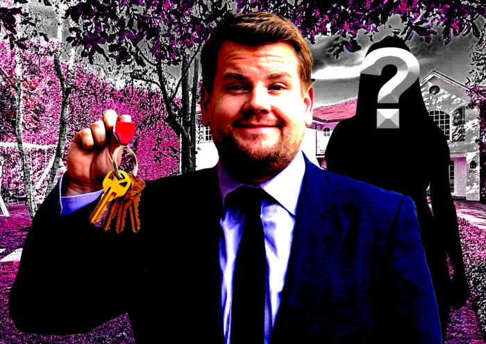 A photo illustration of James Corden and 300 North Cliffwood Avenue in Los Angeles (Getty, The Agency)