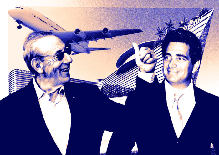 From left: Stephen Ross, Jefrey Soffer and a rendering of the Miami International Airport Westin Hotel (Getty, Arquitectonica)