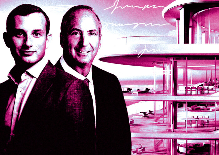 From left: Alex Witkoff, Theodore Koenig and a rendering of Shore Club in Miami Beach (Getty, Monroe Capital)