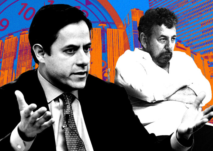 From left: Dan Garodnick and James Dolan along with Madison Square Garden (Photo Illustration by Steven Dilakian for The Real Deal with Getty)