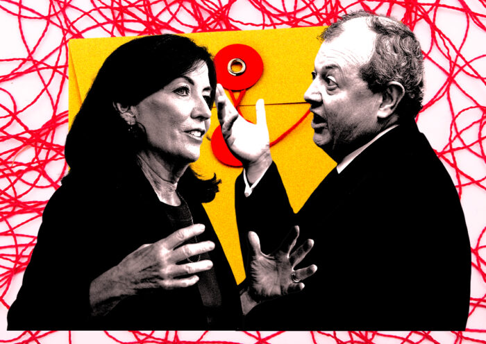 From left: Governor of New York Kathy Hochul and REBNY president Jim Whelan (Photo Illustration by Steven Dilakian for The Real Deal with Getty)