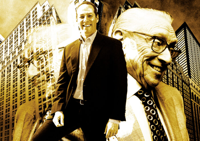 From left: Tishman Speyer's Randall Rothschild and Silverstein Properties' Larry Silverstein along with 11 West 42nd Street (Getty, Tishman Speyer, Google Maps)