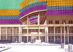 A photo illustration of the Arena Center at 6775, 7001 and 7195 Oakport Street in Oakland (Getty, Google Maps)