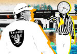 A photo illustration of Las Vegas Raiders owner Mark Davis and the former Raiders Headquarters in Alameda (Getty)