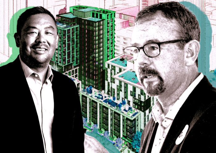 From left: Chinatown Community Development Center's Malcolm Yeung and Mercy Housing California's Doug Shoemaker along with a rendering of 200 Folsom Street in San Francisco (Getty, Kennerly Architecture & Planning, Mithun, Chinatown Community Development Center, Mercy Housing California)