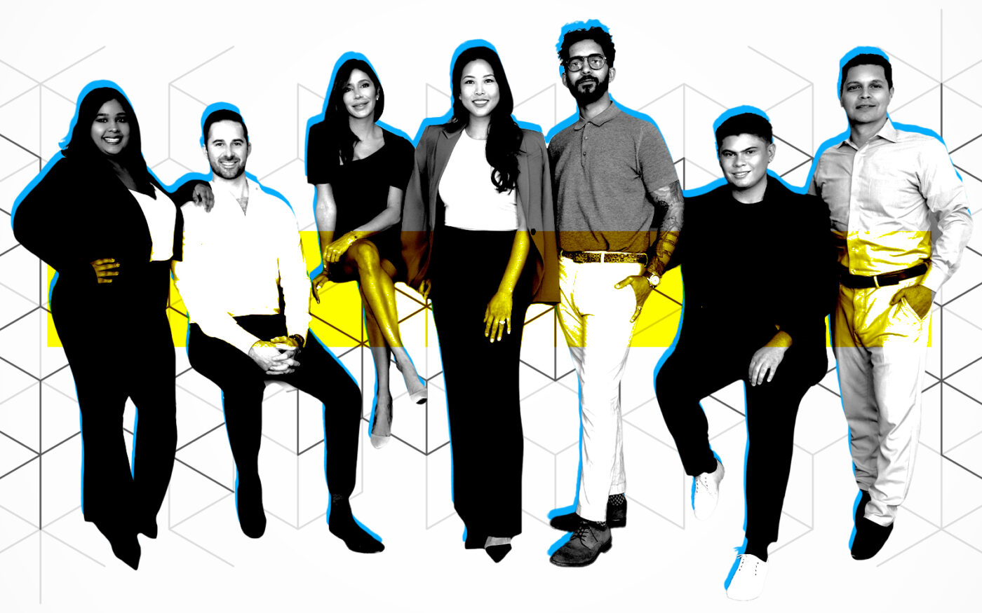 A photo illustration of @properties' Crystal Tran (middle) and her team of ten agents (Getty, @properties)