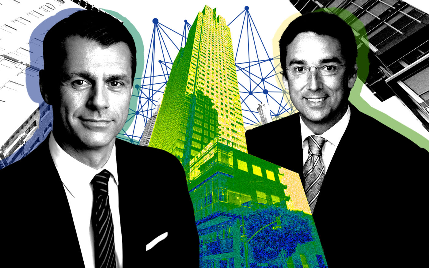 From left: Brookfield’s Brian Kingston, Trident Real Estate Group’s Gregg Williams and 555 West 5th Street (Getty, Brookfield, Trident Real Estate Group, Google Maps)