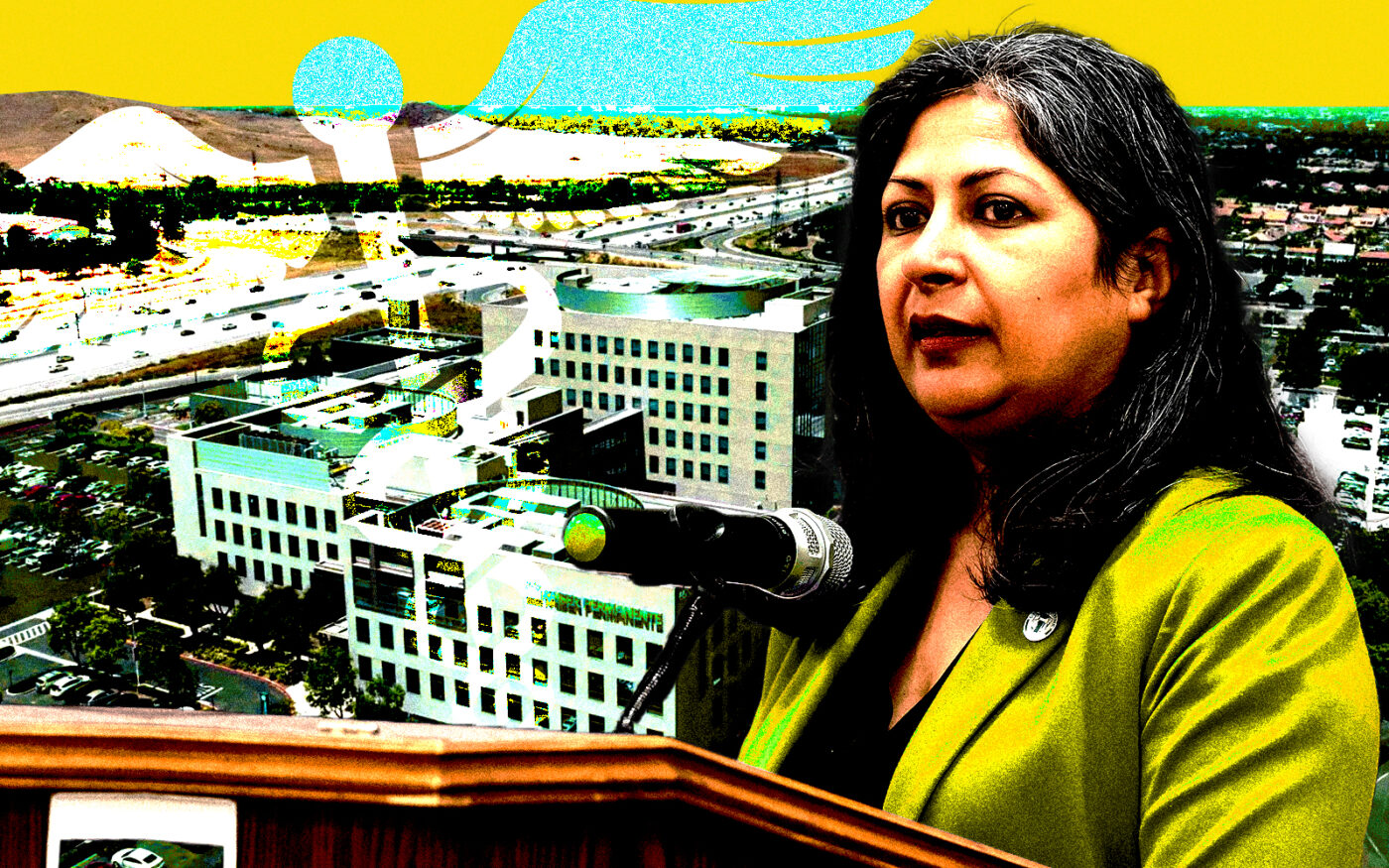 A photo illustration of Mayor of Irvine Farrah Khan along with a rendering of the planned Kaiser Permanente facility in Irvine (Getty, Kaiser Permanente)