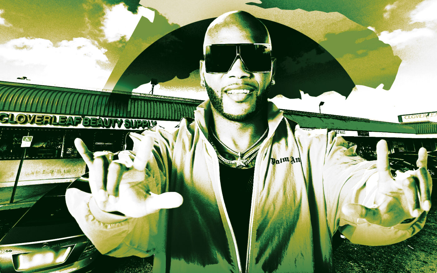 A photo illustration of Flo Rida and the Cloverleaf Plaza at 230 Northwest 183rd Street (Getty, Google Maps)