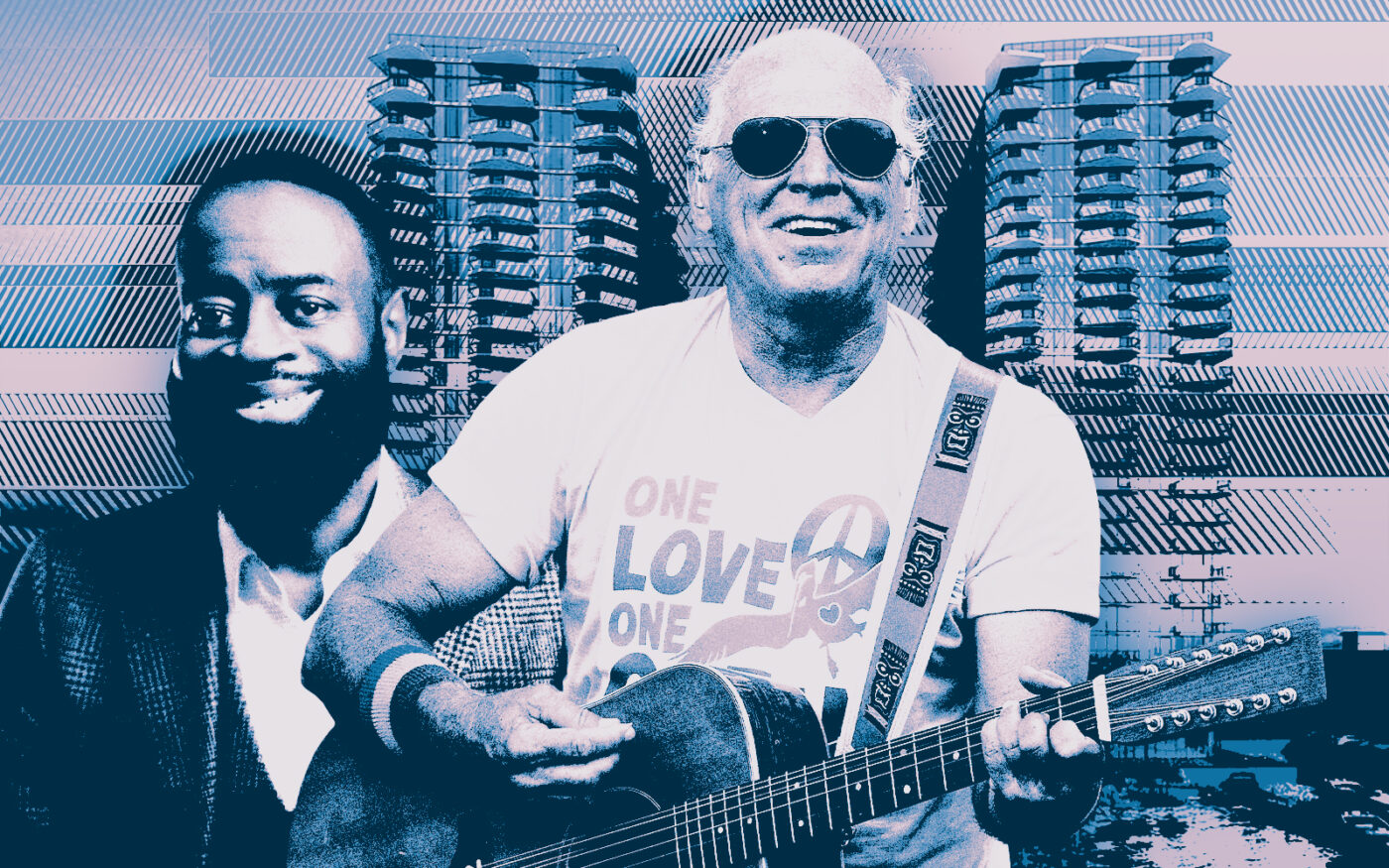 From left: APD Solutions CEO Vaughn Irons, Jimmy Buffett and a rendering of the Margaritaville-branded hotel at Marina Village in Riviera Beach (Getty, APD Solutions, Related Group)