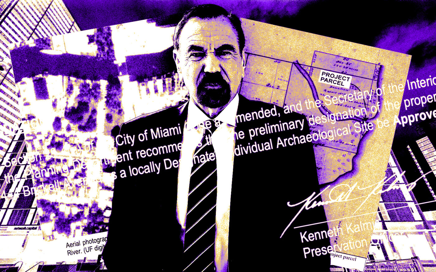 A photo illustration of Related's Jorge Pérez, 444 Brickell Avenue and renderings of the Baccarat project (Getty, Related, Google Maps)