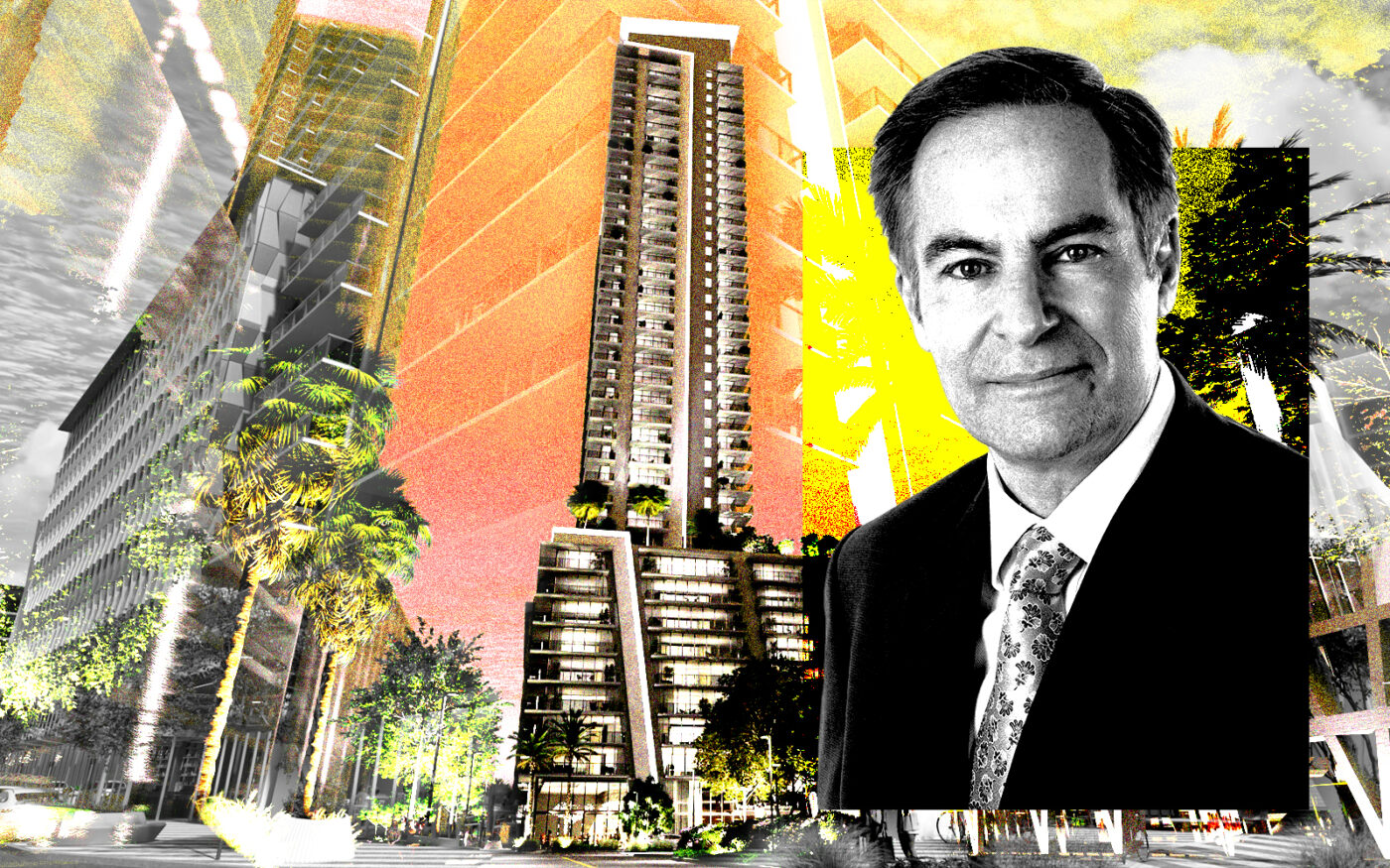 OceanLand Investments’ Jean Francois Roy and renderings of the planned 40-story apartment tower near the Fort Lauderdale Brightline stop (Photo Illustration by Steven Dilakian for The Real Deal with Getty, OceanLand Investments)