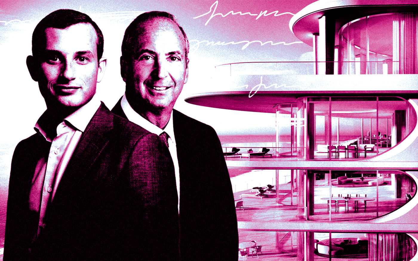 From left: Alex Witkoff, Theodore Koenig and a rendering of Shore Club in Miami Beach (Getty, Monroe Capital)