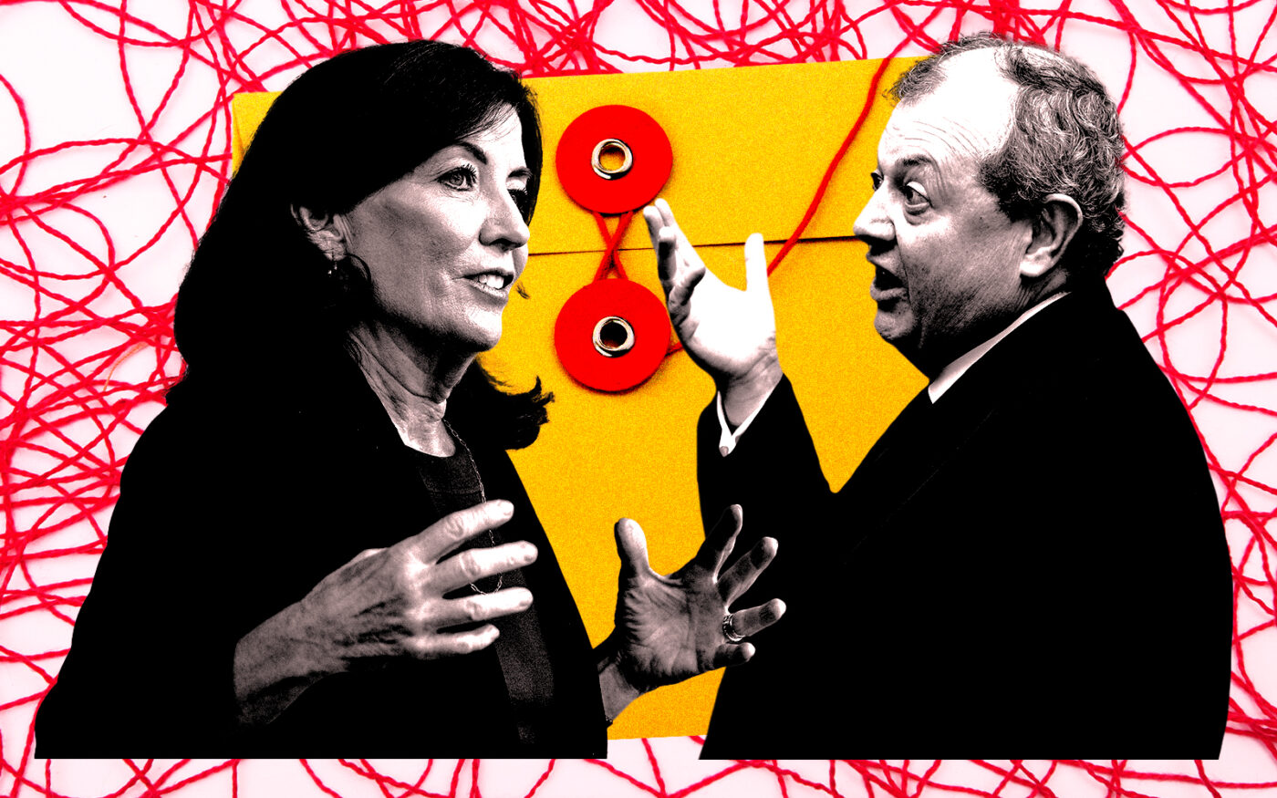 From left: Governor of New York Kathy Hochul and REBNY president Jim Whelan (Photo Illustration by Steven Dilakian for The Real Deal with Getty)