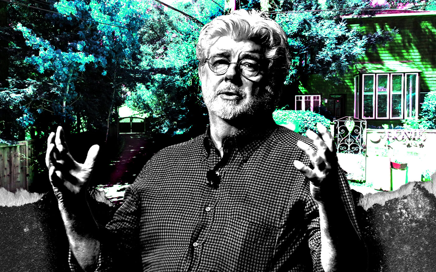 A photo illustration of George Lucas and 13 Coogan Ave in San Anselmo (Getty, Google Maps)