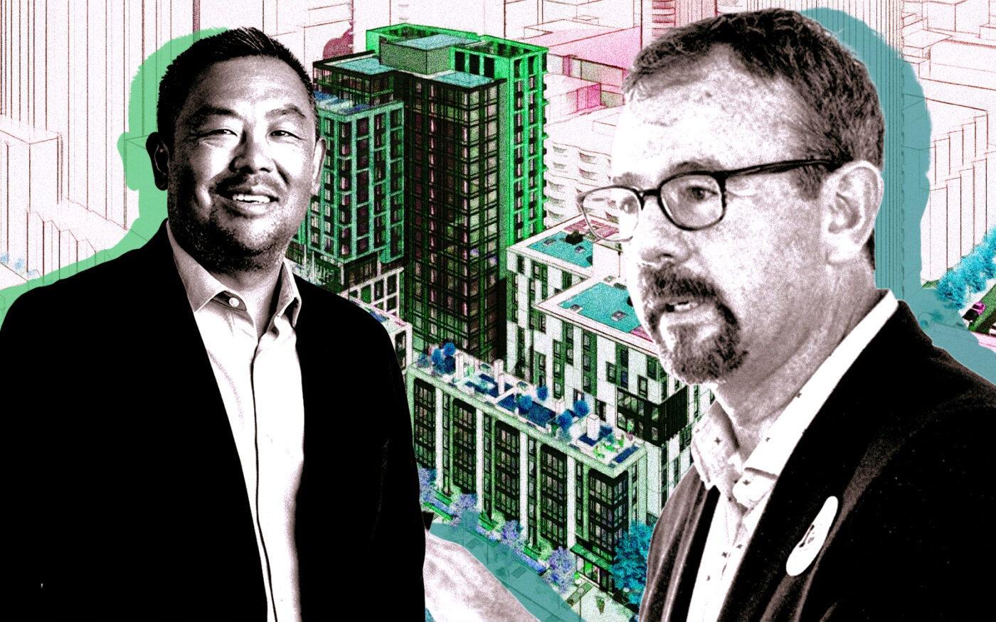 From left: Chinatown Community Development Center's Malcolm Yeung and Mercy Housing California's Doug Shoemaker along with a rendering of 200 Folsom Street in San Francisco (Getty, Kennerly Architecture & Planning, Mithun, Chinatown Community Development Center, Mercy Housing California)