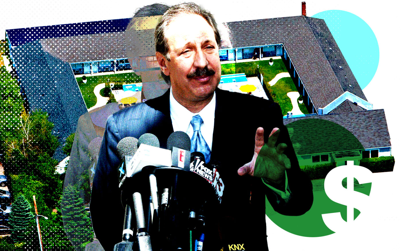A photo illustration of celebrity attorney Mark Geragos and 281 County Road 39A in Southampton, Long Island (Getty, Brown Harris Stevens)