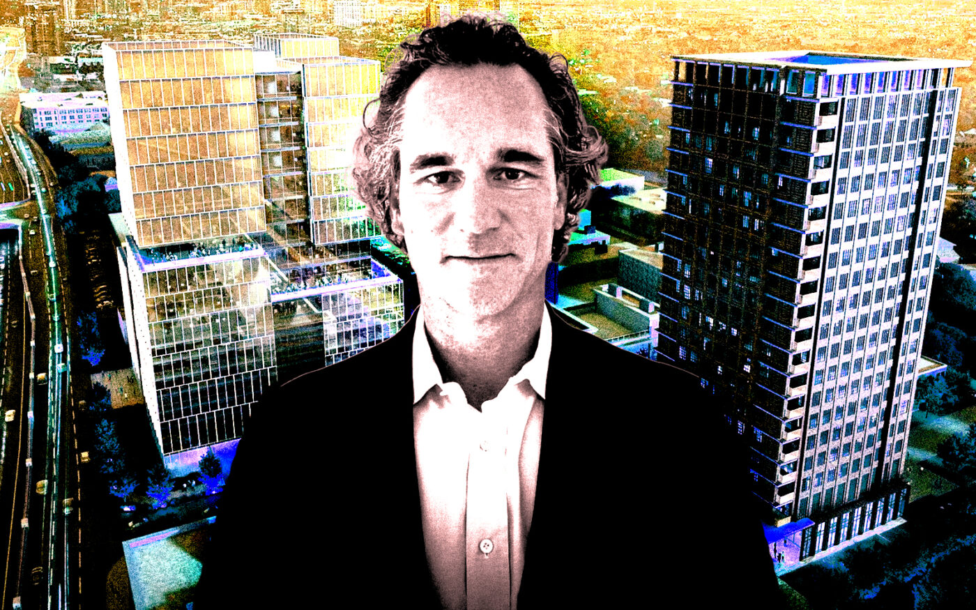 A photo illustration of Woods Capital's Jonas Woods and a rendering of the planned highrises at 5115 McKinney Avenue (Getty, Woods Capital)