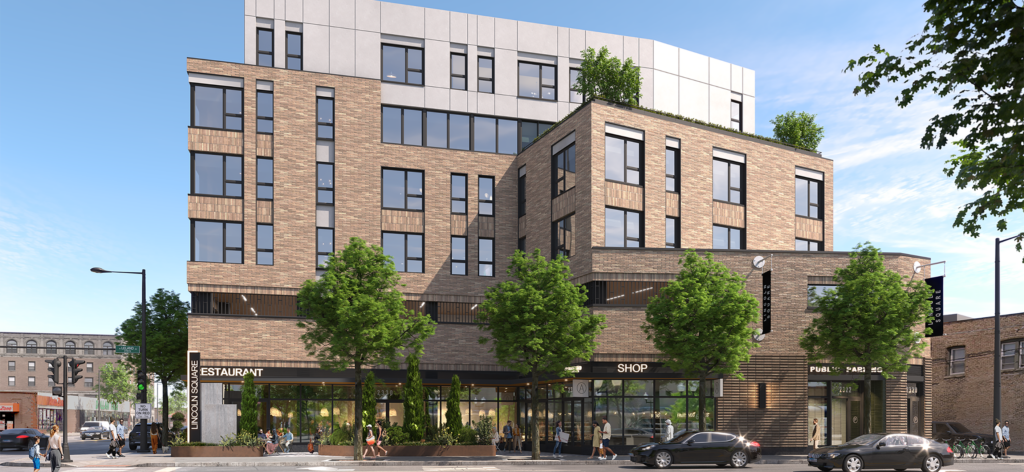 Rendering of planned 63-unit apartment building at 4715 North Western Avenue (Leopardo Construction)