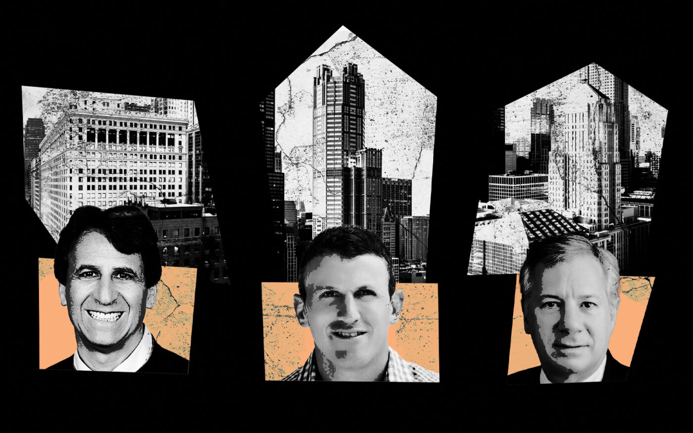 From left: 175 West Jackson Boulevard with Apollo Global’s Marc Rowan; 311 South Wacker with Farbman Group’s Andy Farbman; 141 West Jackson Boulevard with Marc Realty’s Jerry Nudo (Photo-illustration by Kevin Cifuentes/The Real Deal)