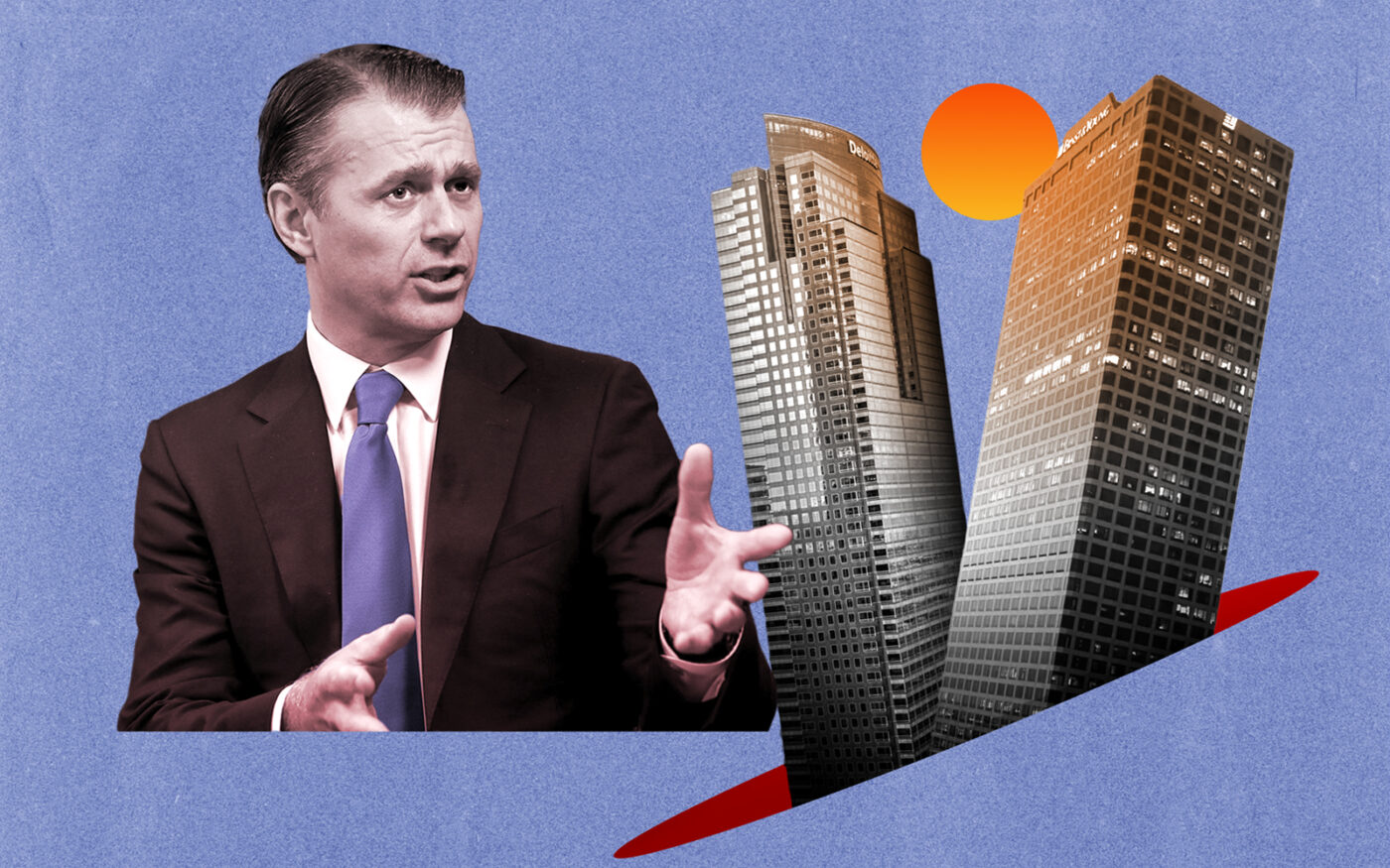 Brian Kingston, CEO of Brookfield’s real estate business, with downtown LA’s Gas Company Tower and Ernst & Young Plaza (Photo-illustration by Paul Dilakian/The Real Deal)