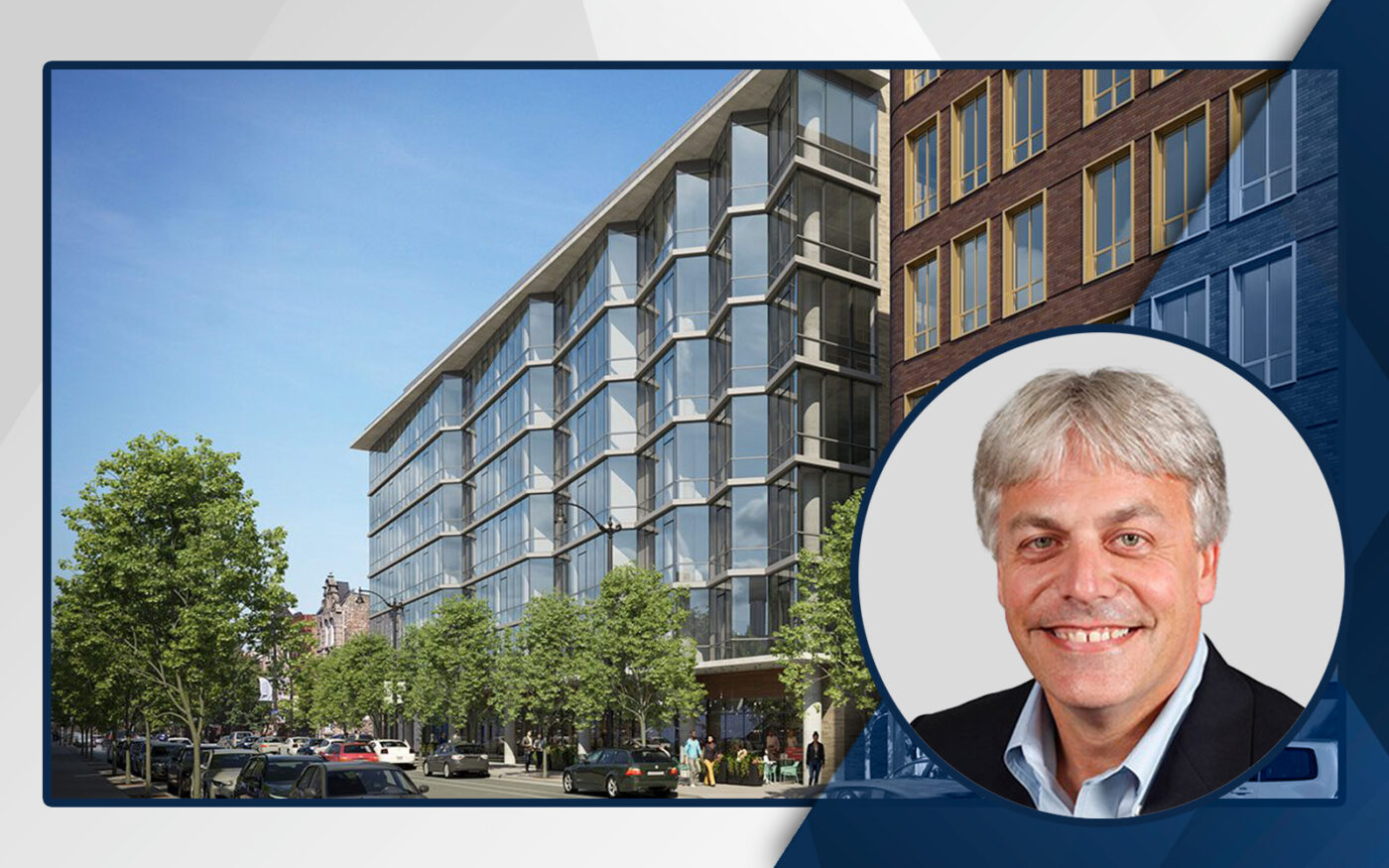 Draper & Kramer CEO Todd Bancroft and a rendering of 1633-1649 North Halsted Street