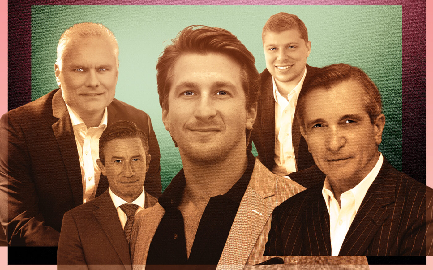 From left: Nest Seekers’ Geoff Gifkins, Modlin Group’s Chris Covert, Bespoke Real Estate’s Cody Vichinsky, Nest Seekers’ James Giugliano and Douglas Elliman’s Enzo Morabito (Photo-illustration by Kevin Rebong/The Real Deal)