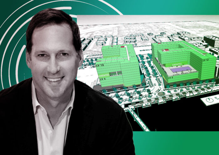 Kimco Realty’s Conor Flynn and the site plan of Kendall's Palms