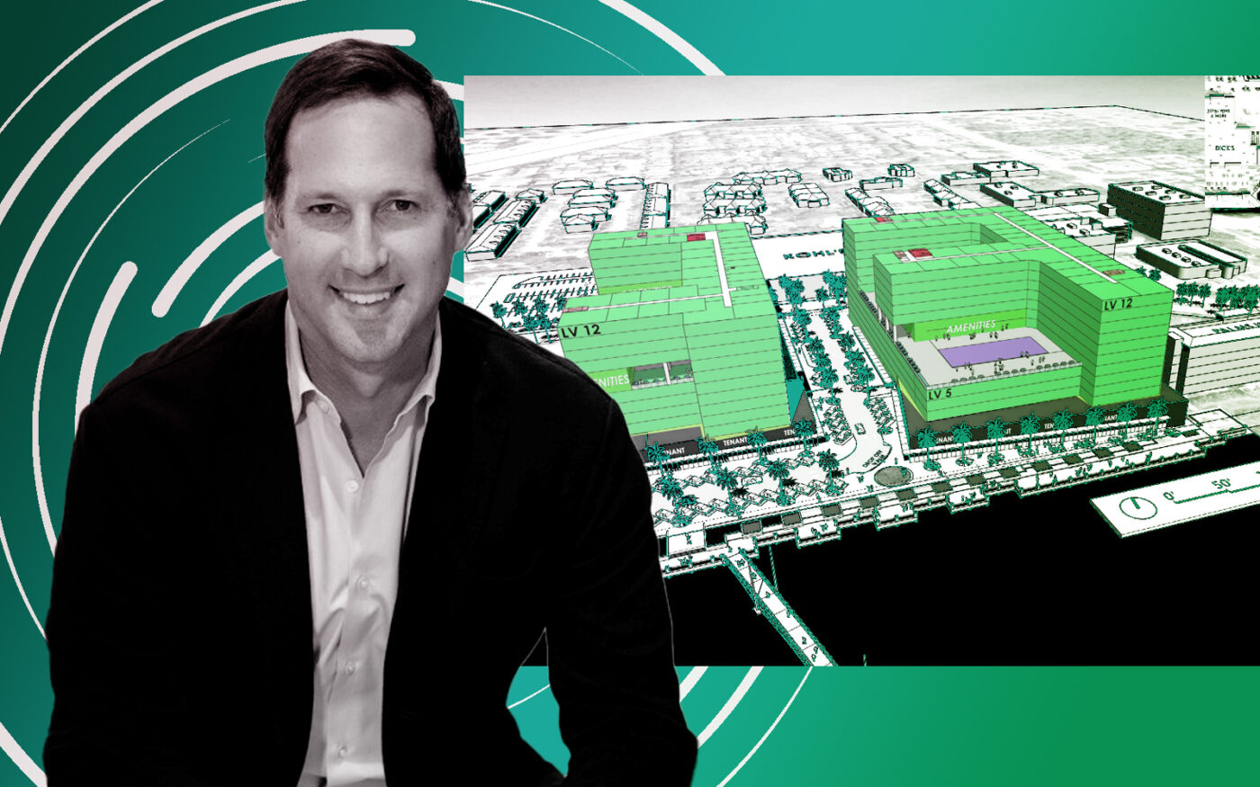 Kimco Realty’s Conor Flynn and the site plan of Kendall's Palms