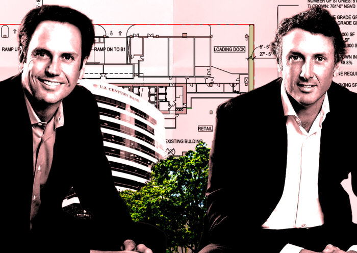A photo illustration of Key International’s Inigo and Diego Ardid along with the current and planned sites at 848 Brickell Avenue in Miami (Getty, Google Maps, Key International)