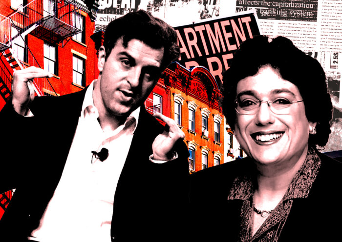 A photo illustration of Airbnb CEO Brian Chesky and State Supreme Court Justice Arlene Bluth (Getty, Supreme Court 1st Judicial District in New York)