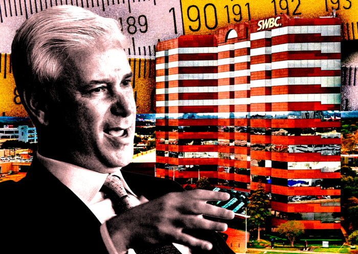 A photo illustration of Wells Fargo CEO Charles W. Scharf and the SWBC Tower at 9311 San Pedro Ave in San Antonio (Getty, LoopNet)