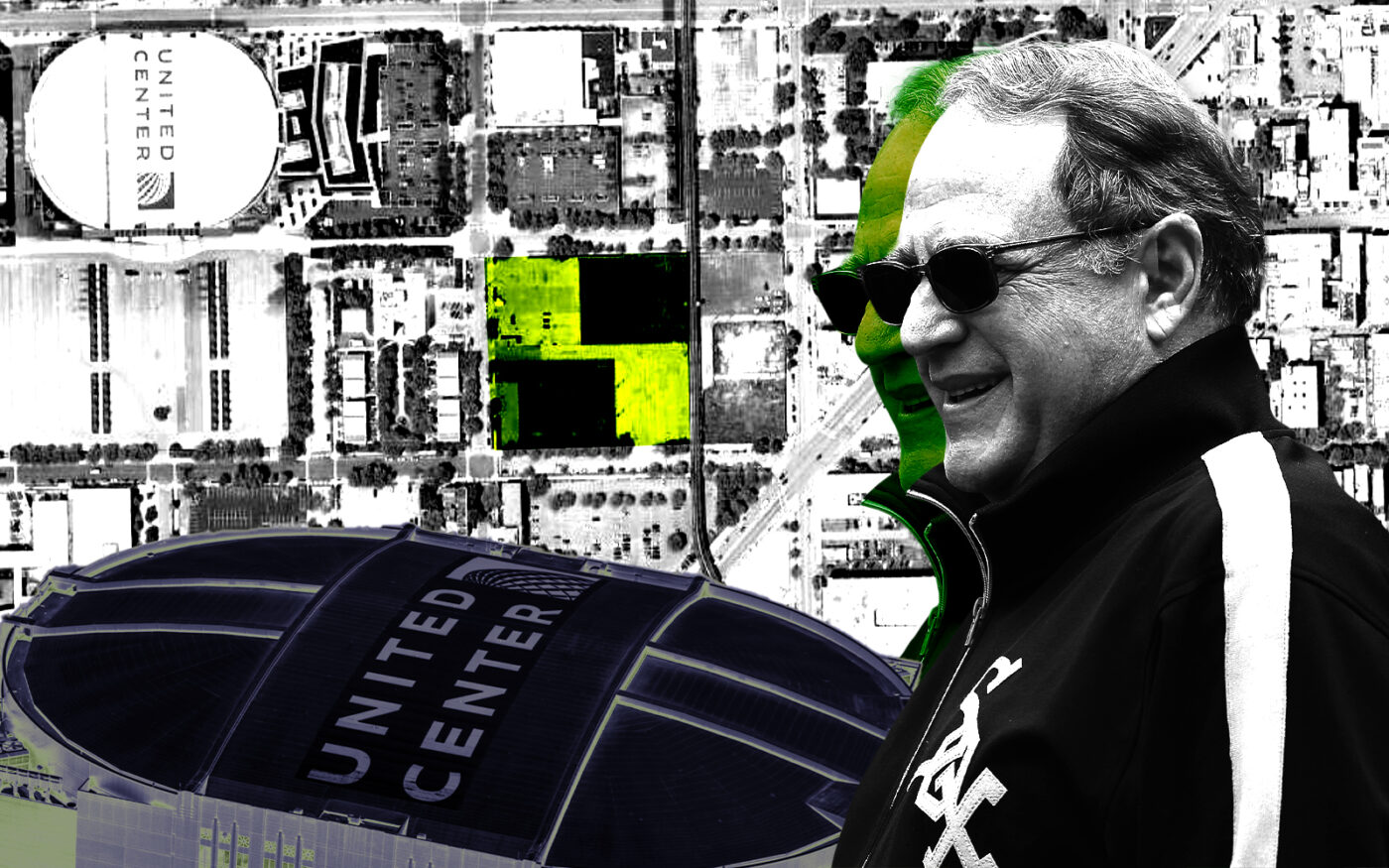 A photo illustration of Chicago White Sox and Chicago Bulls owner Jerry Reinsdorf along with an aerial view of the lots at 1728 West Adams and 125 South Wood (Getty, Google Maps)