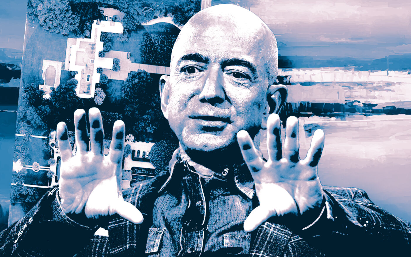A photo illustration of Jeff Bezos and 11 Indian Creek Island Road (Getty, Google Maps)