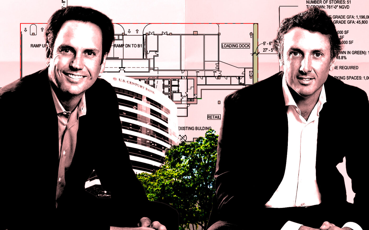 A photo illustration of Key International’s Inigo and Diego Ardid along with the current and planned sites at 848 Brickell Avenue in Miami (Getty, Google Maps, Key International)