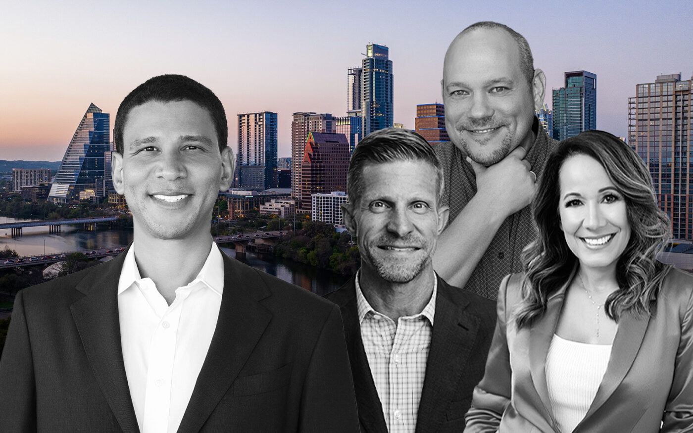 Compass' Robert Reffkin with Realty Austin's Jonathan Boatwright, Gabe Richter, and Yvette Flores (Realty Austin, Compass, Getty)
