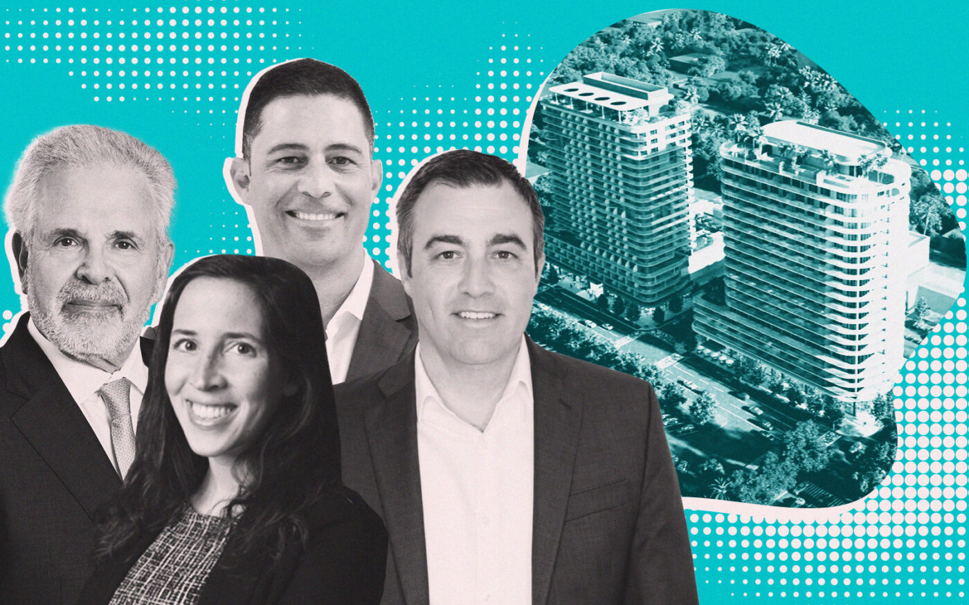 GFO Investments' Russell and Marisa Galbut and MMG's Gabriel and Marcel Navarro with rendering of 72B (GFO Investments, MMG, Arquitectonica, Getty)