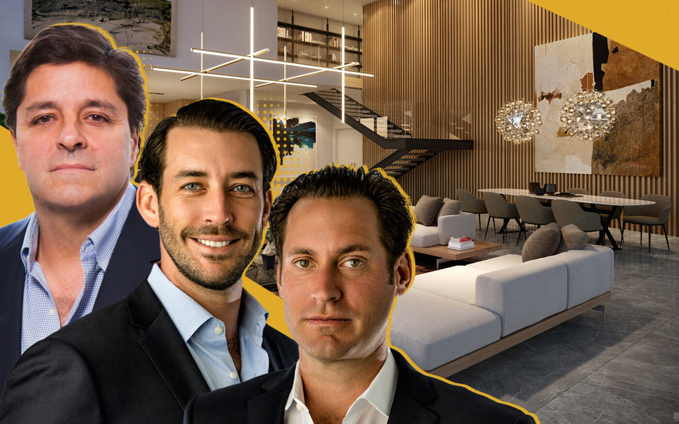 Alta's Raimundo Onetto and Related Group's Jon Paul and Nick Pérez with rendering of Casa Bella Residences (Related Group, Getty)