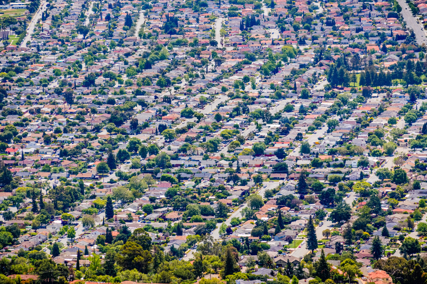 Aerial view of residential neighborhood in San Jose, south San Francisco bay area, California