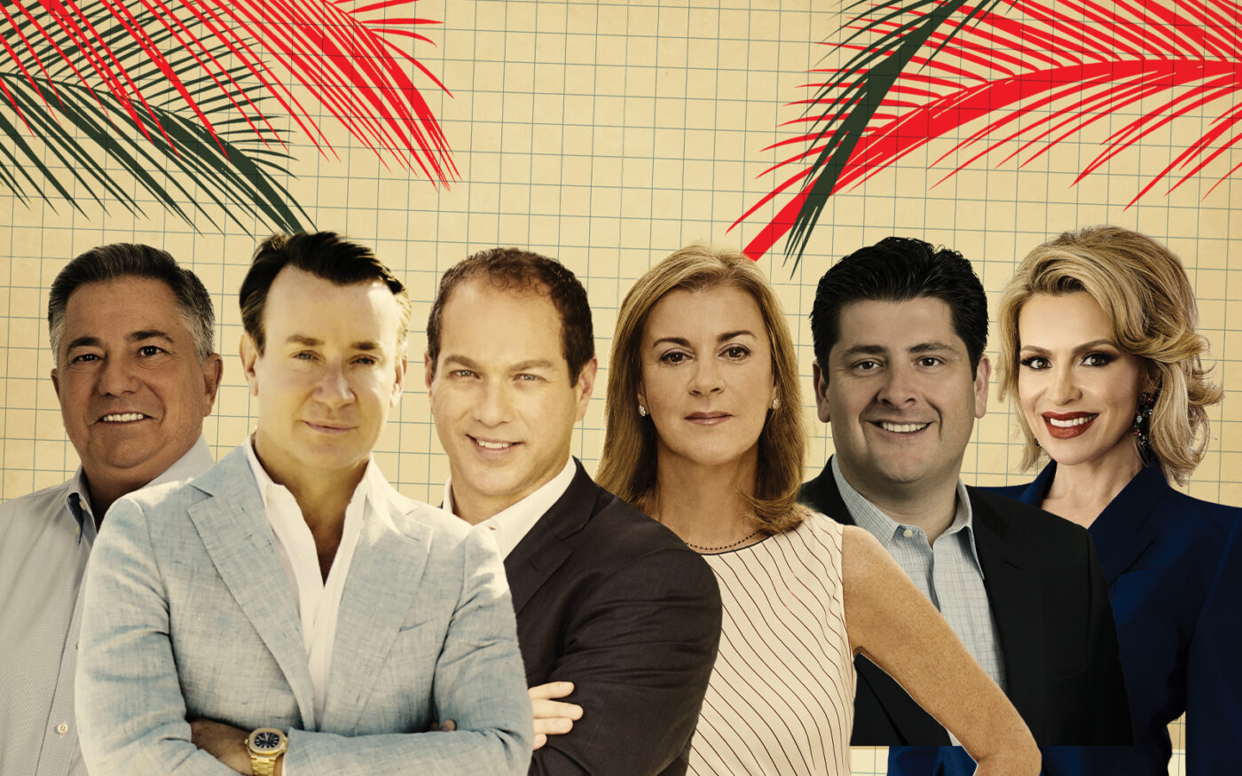 From left: Royal Palm Properties’ David Roberts, Douglas Elliman’s Chris Leavitt, Corcoran Group’s Dana Koch and Candace Friis, Christian Angle Real Estate’s Christian Angle and Douglas Elliman’s Senada Adzem (Photo-illustration by Kevin Cifuentes/The Real Deal; Getty Images, Douglas Elliman, Corcoran Group, Christian Angle Real Estate, Royal Palms Properties)