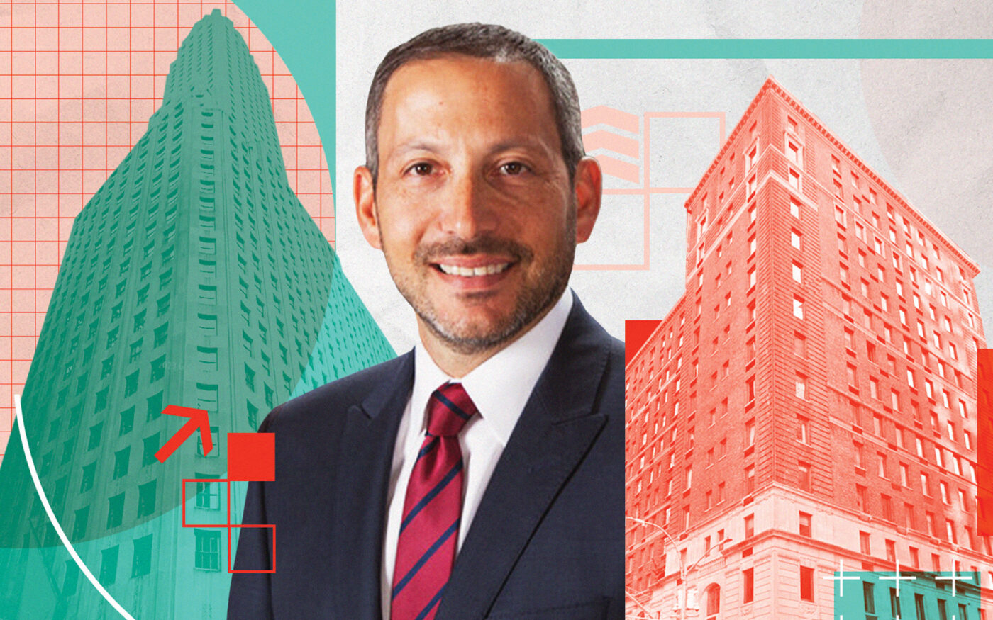 FirstService Residential’s Marc Kotler with One Wall Street and 111 West 56th Street (Photo-illustration by Ilya Hourie/The Real Deal; FirstService Residential, Google maps, Getty Images)