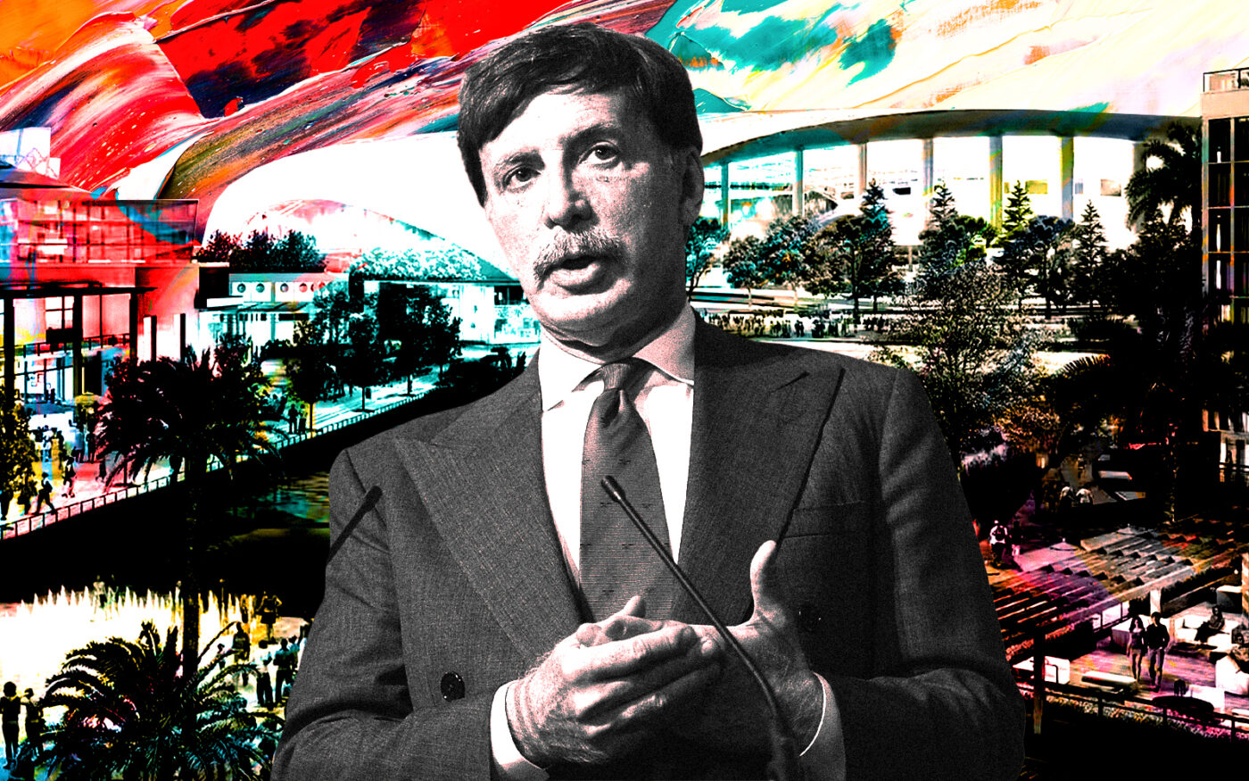 A photo illustration of team owner and real estate billionaire Stan Kroenke along with SoFi Stadium (Getty, HKS, Inc.)