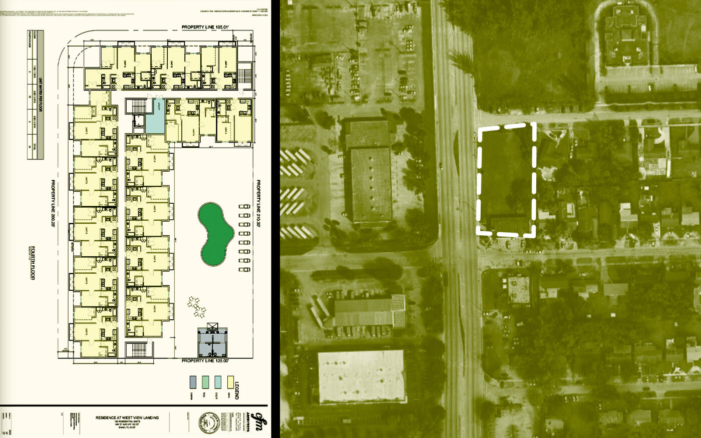 Schematics & aerial view of proposed Live Local Act project (Google Maps, CFM Architects, The NuRock Companies)