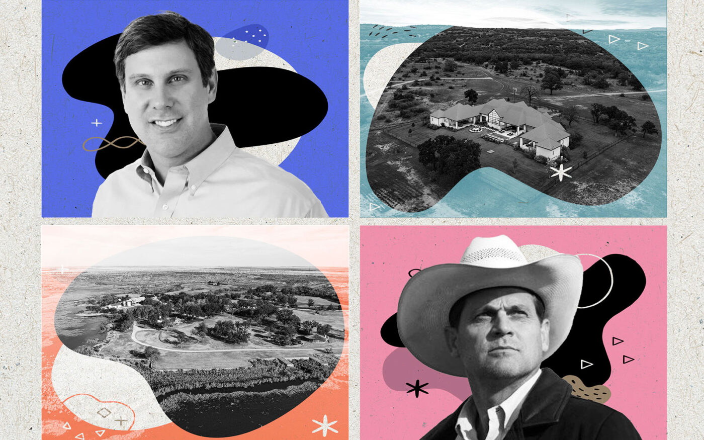 Top: Robert Dullnig and the River Oak Ranch; Bottom: The Waggoner Ranch and Bernard Uechtritz (Photo-illustration by Priya Modi/The Real Deal; 1900 Wealth, Dullnig Ranches, Chas Middleton, Icon Global Group)