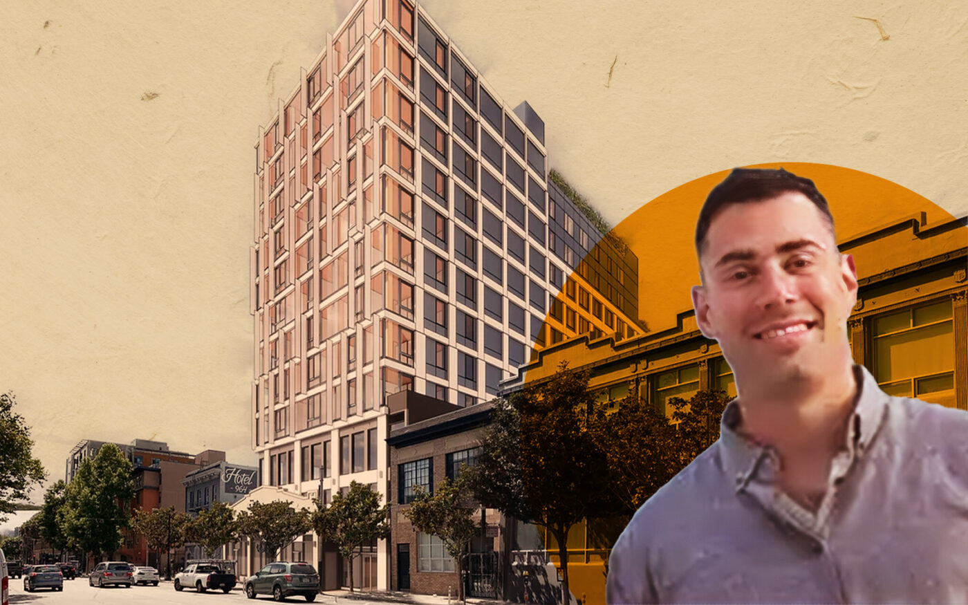 oWow's Danny Haber; earlier rendering with 12 stories at 960 Howard Street (Getty, oWow, Crunchbase)