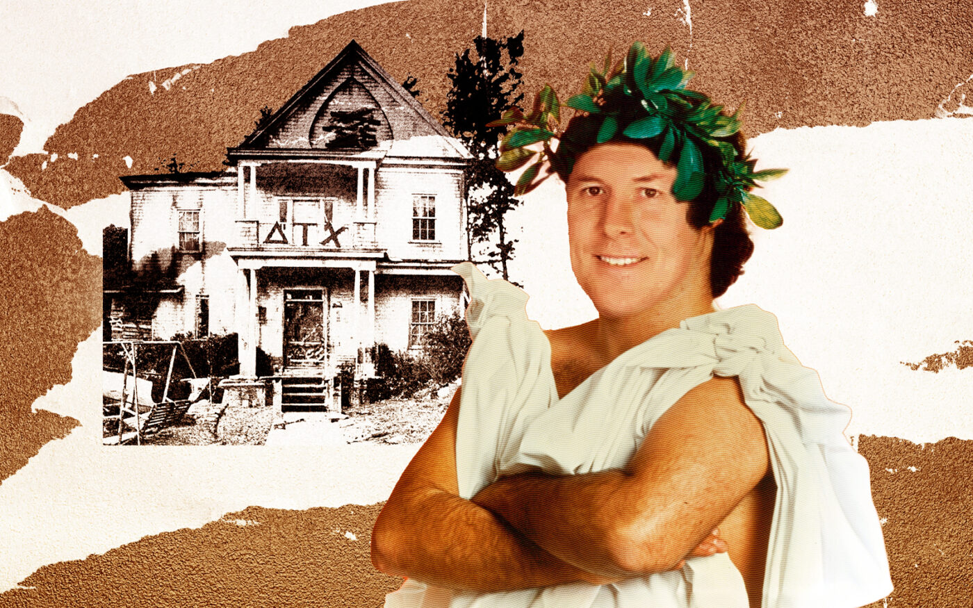 Photo illustration of Landmark Properties CEO Wes Rogers as John “Bluto” Blutarsky in “Animal House” (Photo-illustration by Kevin Rebong/The Real Deal; Getty Images, The Cloisters Miami, Landmark Properties)