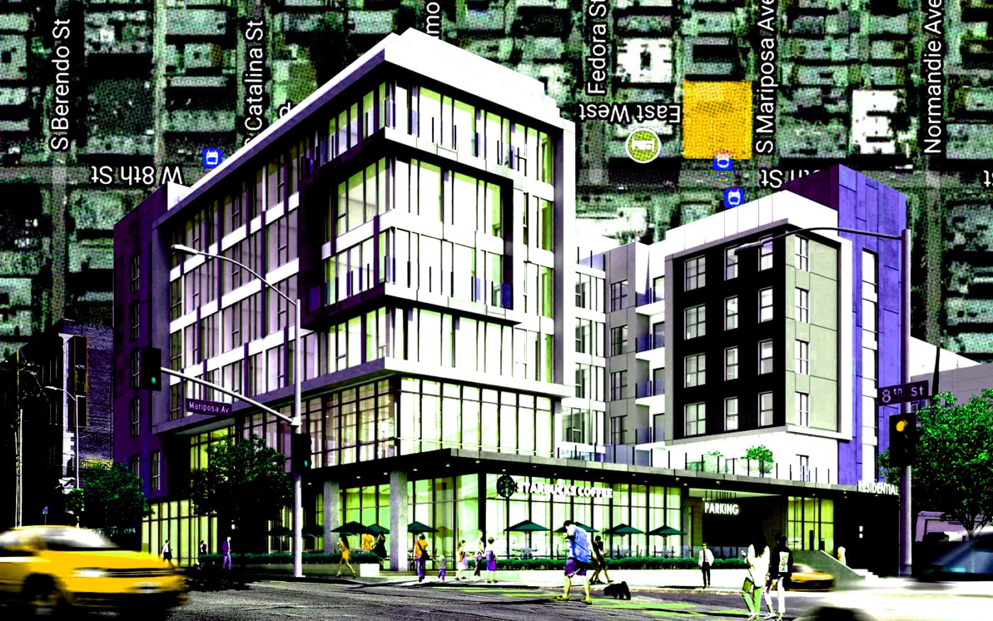 <p>A photo illustration depicting a rendering of the planned seven-story building at the corner of 8th and Mariposa in Koreatown (Getty, EWAI)</p>
